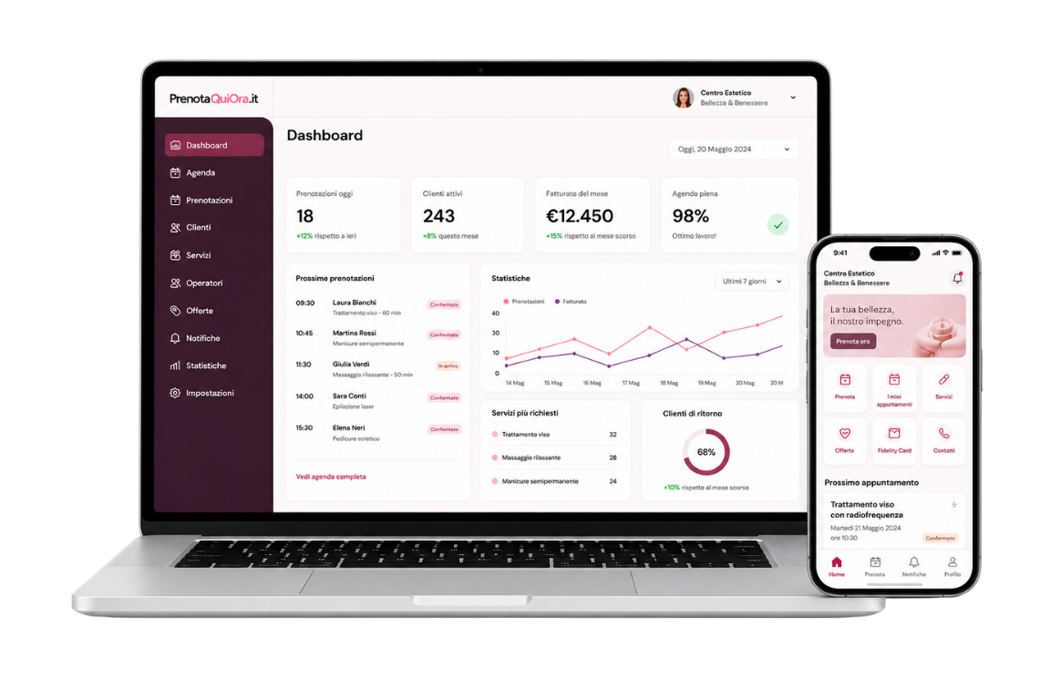 Portatile con dashboard gestionale e smartphone con APP cliente PrenotaQuiOra.it